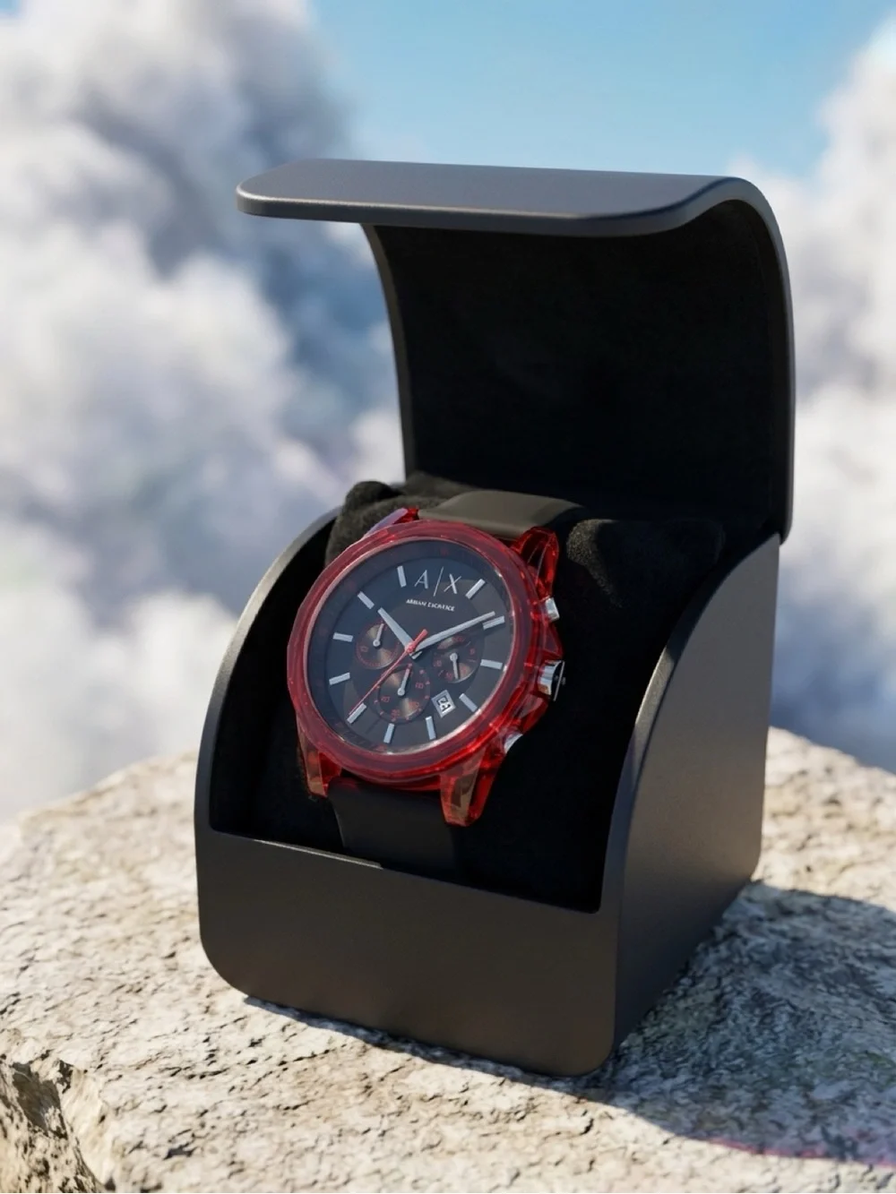 Armani Exchange Black Dial Chronograph Watch with Red Transparent Case